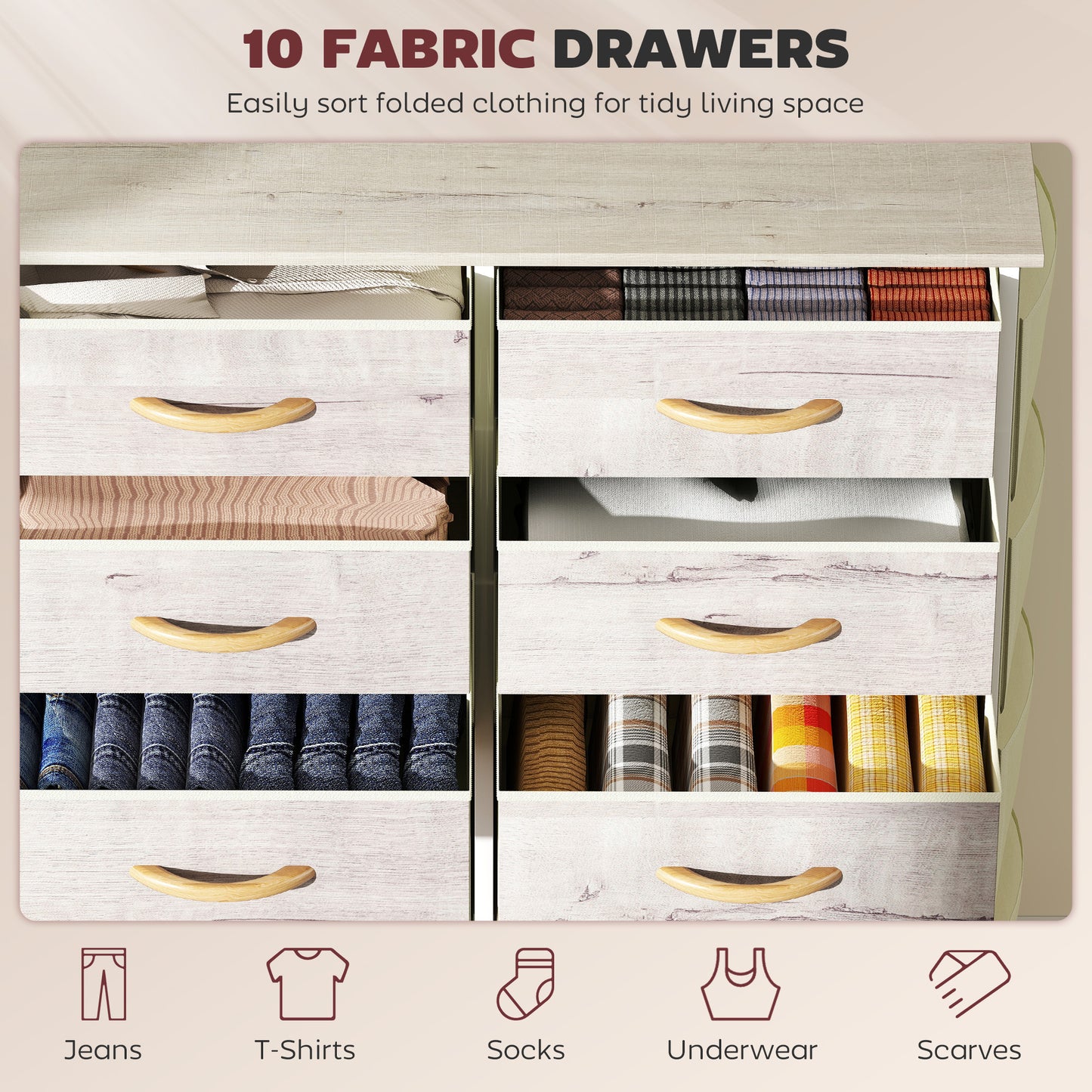 Fabric Chest of Drawers, 10 Drawer Dresser for Bedroom, Natural Wood