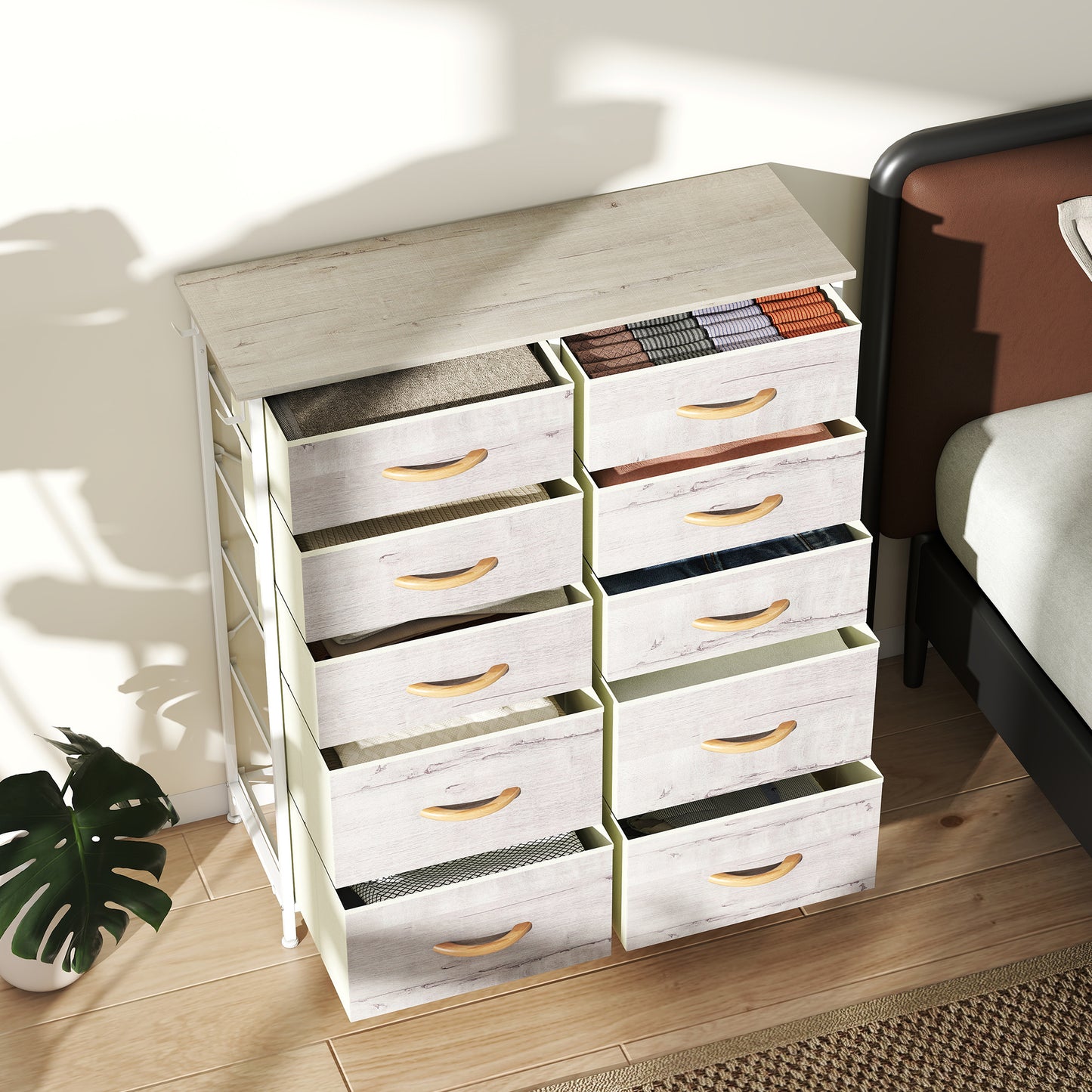 Fabric Chest of Drawers, 10 Drawer Dresser for Bedroom, Natural Wood