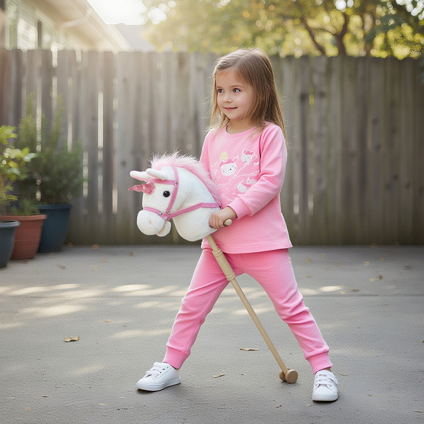 Stick Horse w/ Wood Wheels, Pony Neighing, Galloping Sounds White