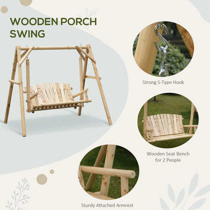 Outdoor 2 Seater Porch Swing Wooden Rustic Patio Bench w/ Armrest