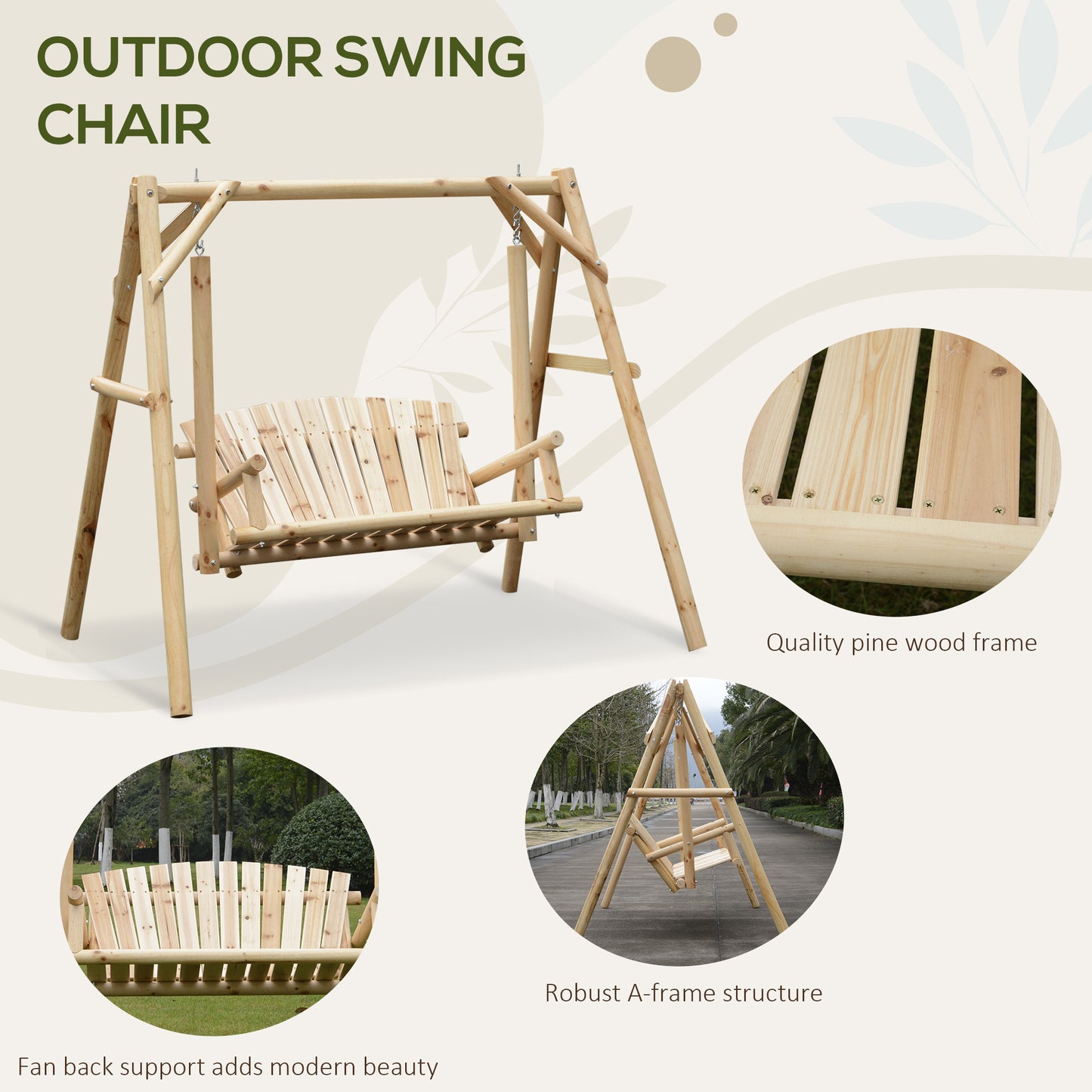 Outdoor 2 Seater Porch Swing Wooden Rustic Patio Bench w/ Armrest