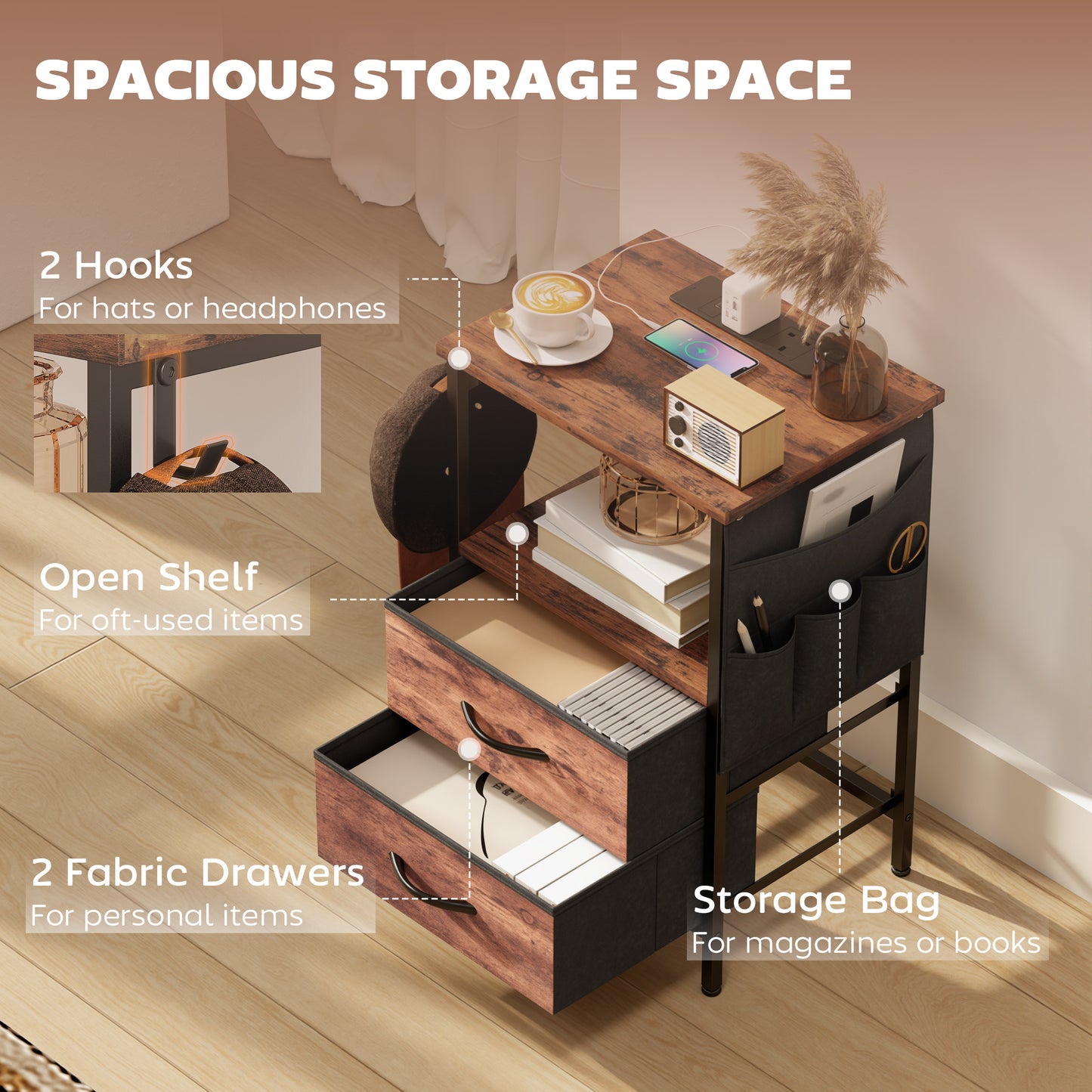 Slim Side Table with Charging Station, Bedside Table, Rustic Brown