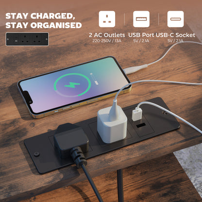 Slim Side Table with Charging Station, Bedside Table, Rustic Brown