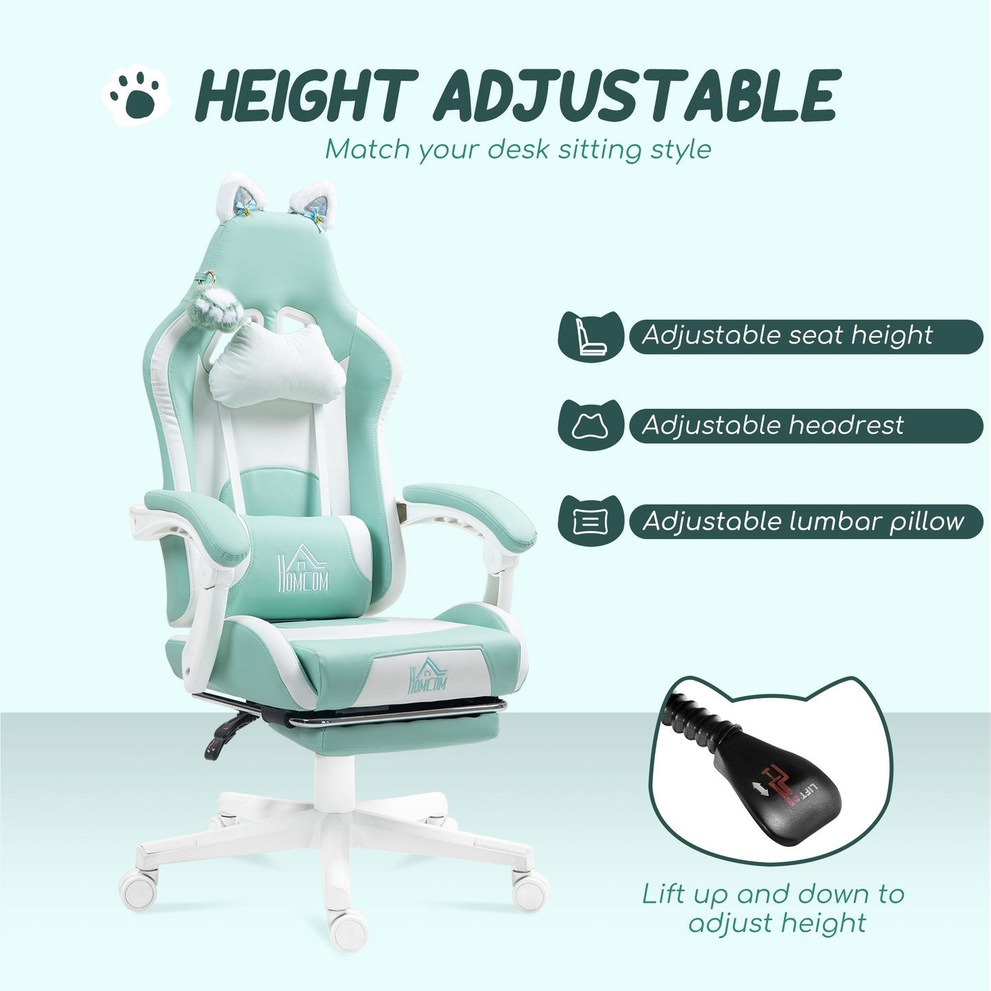 Gaming Chair with Footrest, Reclining Computer Chair, Light Blue
