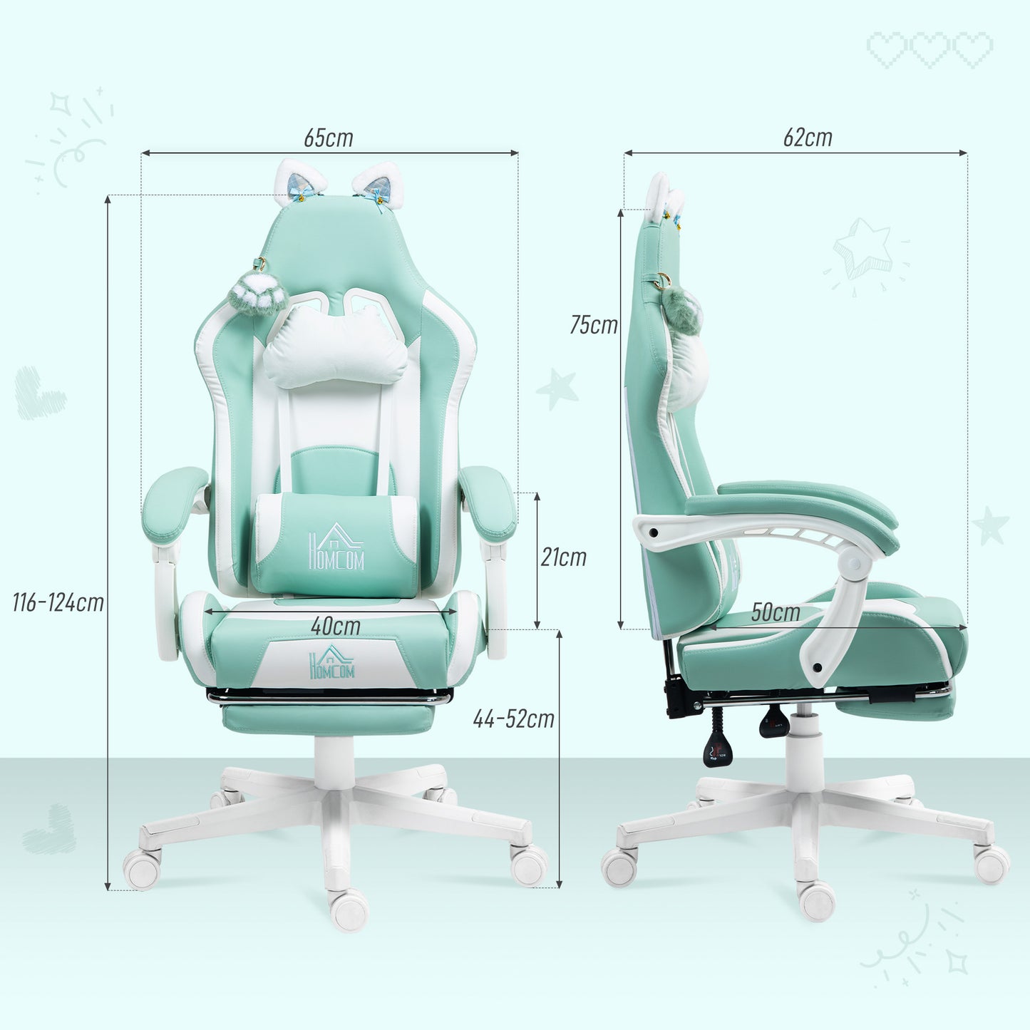 Gaming Chair with Footrest, Reclining Computer Chair, Light Blue