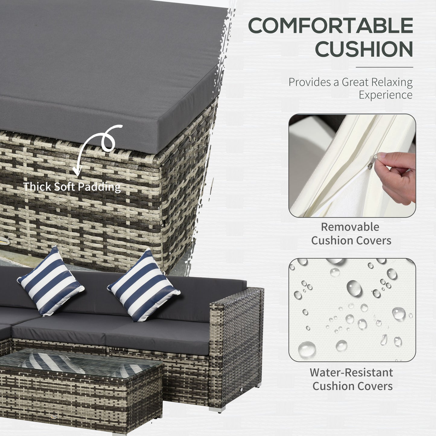 4-Seater Garden Rattan Furniture Set, Outdoor Sectional Conversation PE Rattan Set, with Cushions Pillows and Glass Table, Mixed Grey
