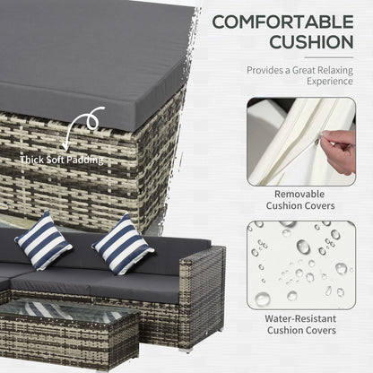 4-Seater Garden Rattan Furniture Set, Outdoor Sectional Conversation PE Rattan Set, with Cushions Pillows and Glass Table, Mixed Grey
