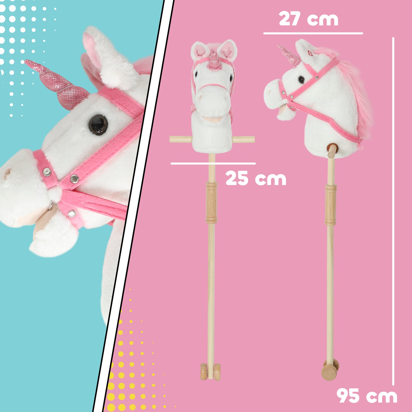 Stick Horse w/ Wood Wheels, Pony Neighing, Galloping Sounds White
