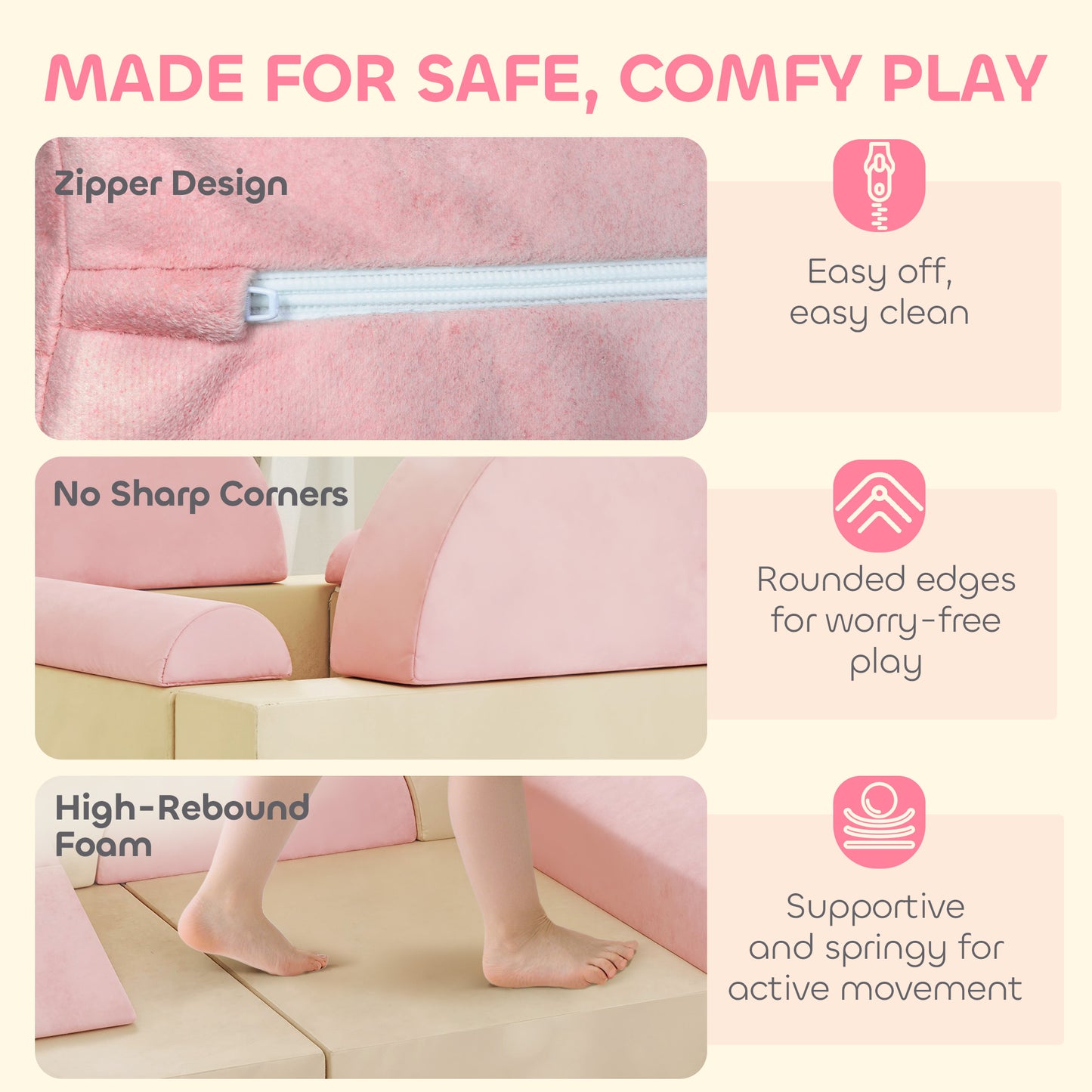 Kids Play Sofa, 12 Pieces Foam Modular Convertible Sofa, Pink