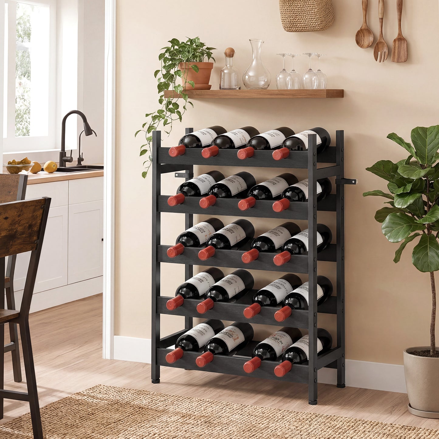 Wine Rack Freestanding 5-Tier 20-Bottle Capacity Black