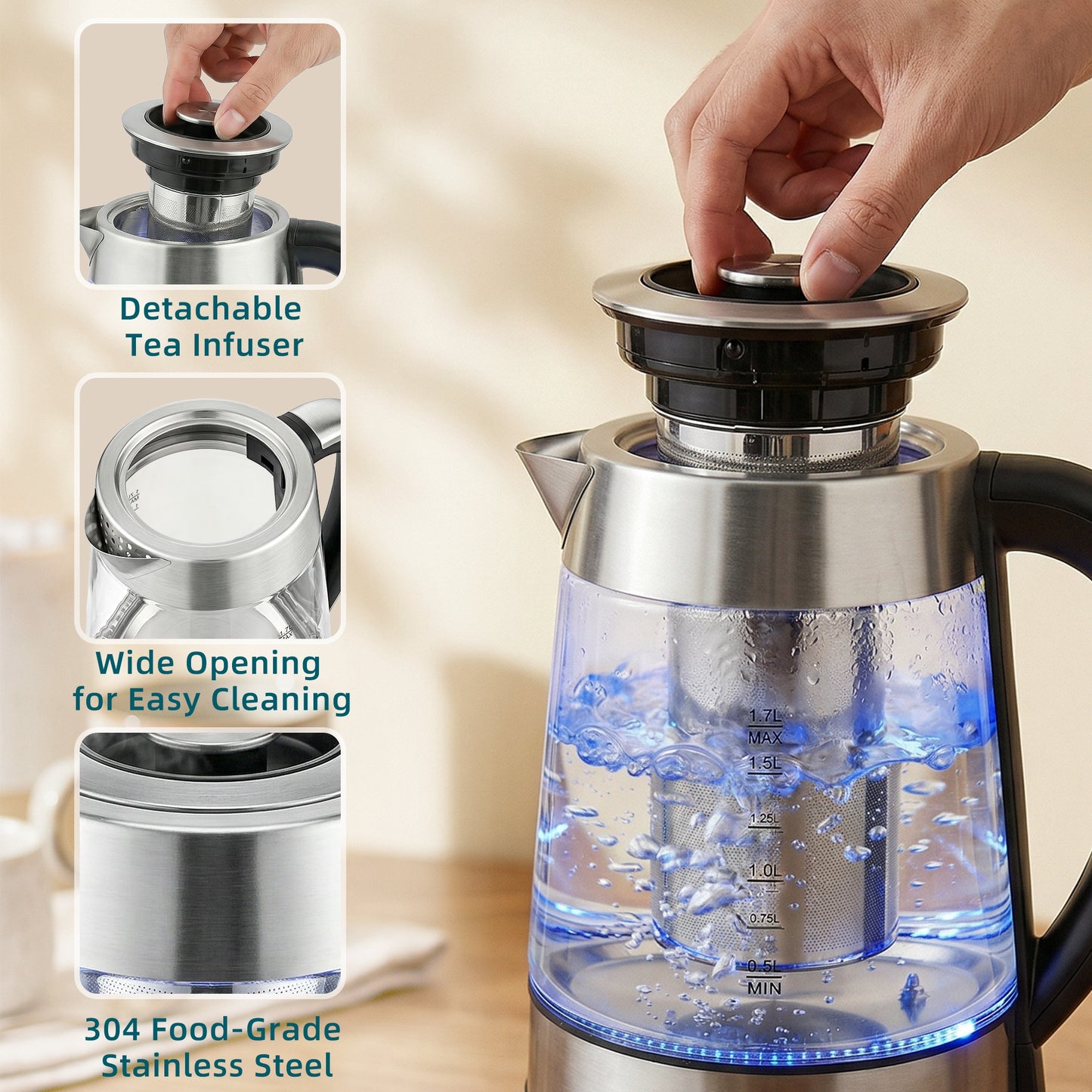 Electric Kettle, 1.7L Fast Boil 3KW Water Kettle with UK Strix Thermostat, Tea Infuser, Keep Warm Function, Auto Shut-off and Boil-Dry Protection, Silver Tone