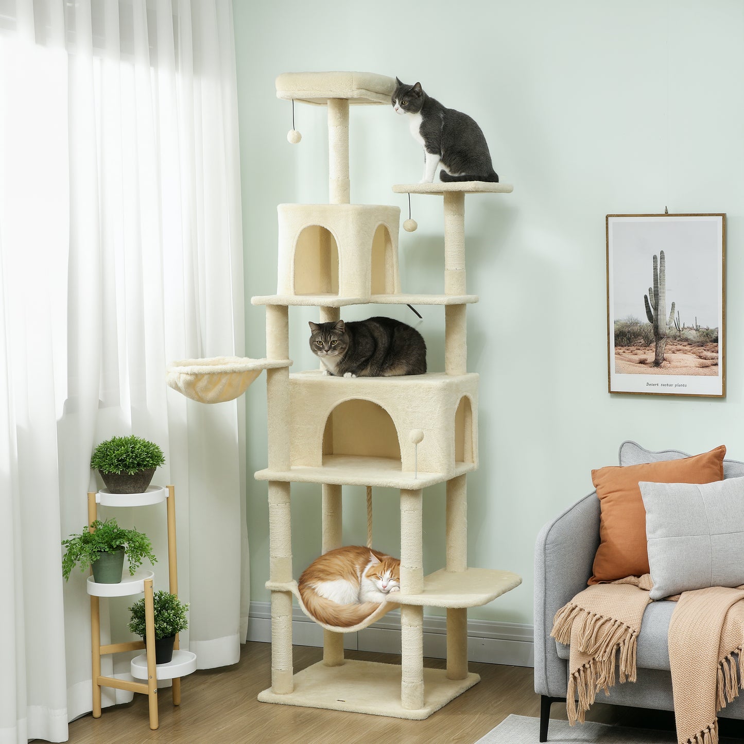 Cat Tree, 202cm Large Cat Tower for Indoor Kittens with 6 Scratching Posts, 2 Condos, 2 Perches, 2 Hammocks, Pompoms, Multi-Level Plush Kitty Activity Centre for Rest and Play, Beige