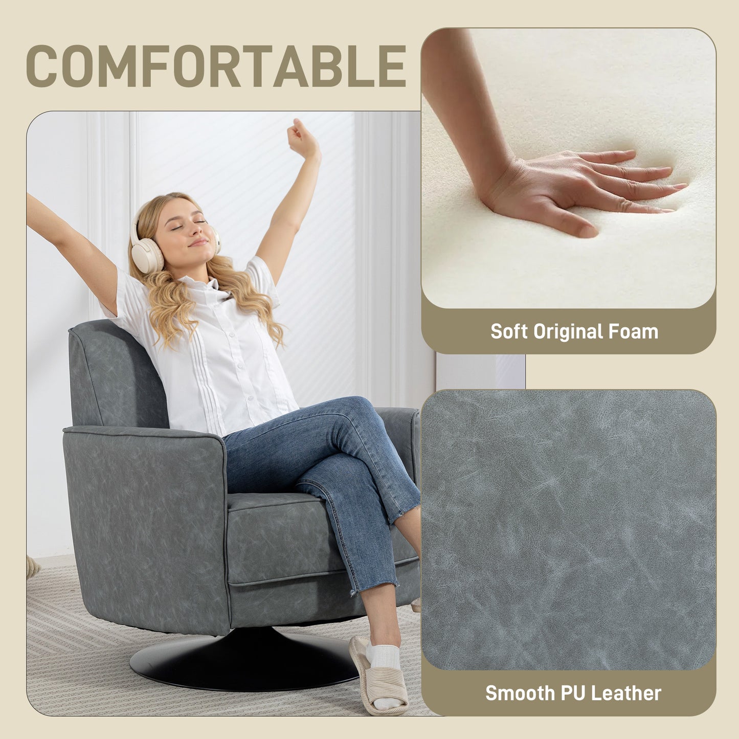 Upholstered PU Leather Armchair for Living Room, Grey