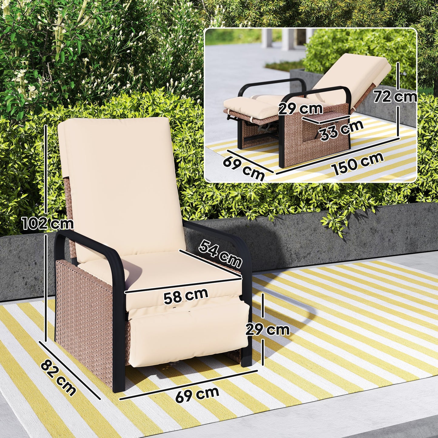 Rattan Garden Recliner Chair Sun Lounger w/ Side Tray, Brown/Khaki