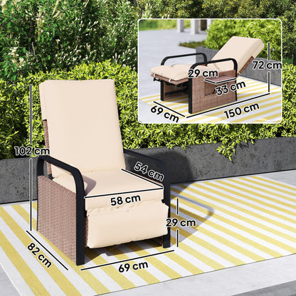 Rattan Garden Recliner Chair Sun Lounger w/ Side Tray, Brown/Khaki