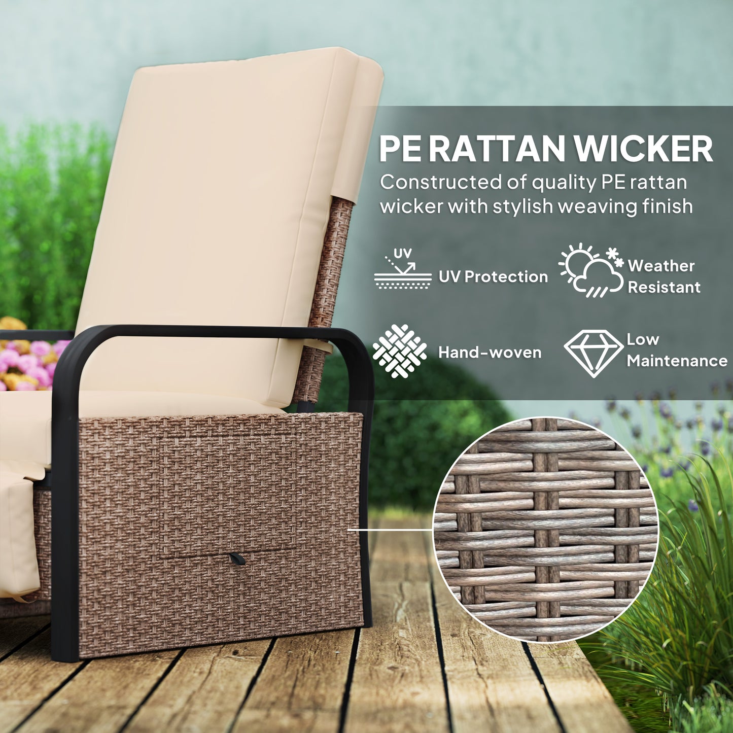 Rattan Garden Recliner Chair Sun Lounger w/ Side Tray, Brown/Khaki