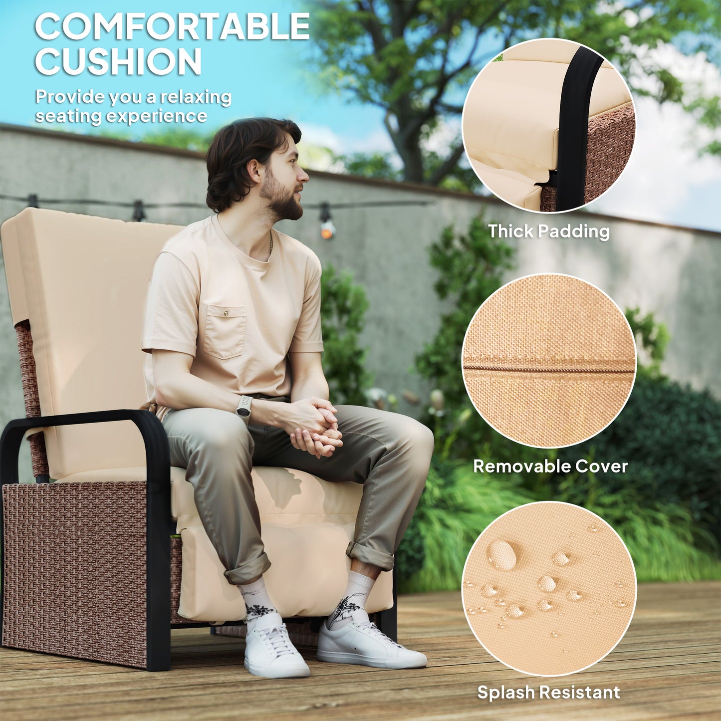 Rattan Garden Recliner Chair Sun Lounger w/ Side Tray, Brown/Khaki