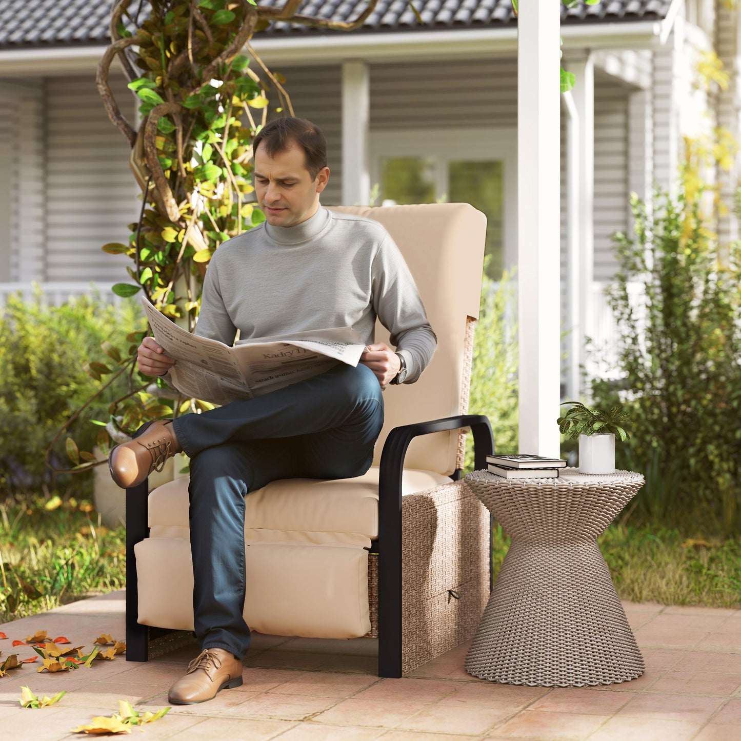 Rattan Garden Recliner Chair Sun Lounger w/ Side Tray, Brown/Khaki
