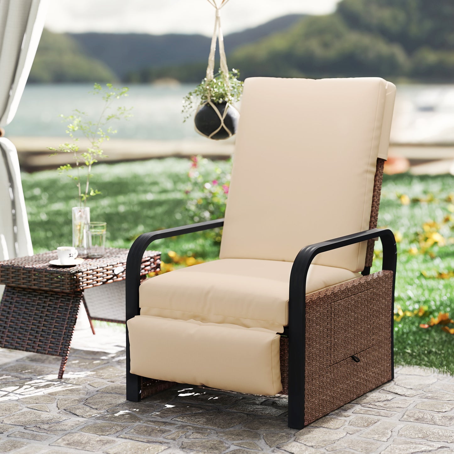 Rattan Garden Recliner Chair Sun Lounger w/ Side Tray, Brown/Khaki