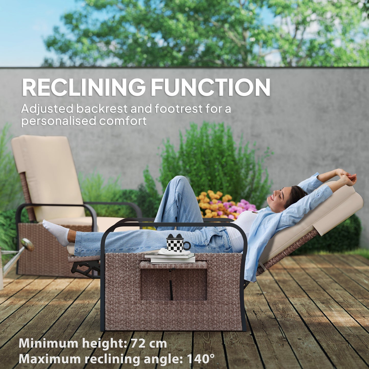 Rattan Garden Recliner Chair Sun Lounger w/ Side Tray, Brown/Khaki