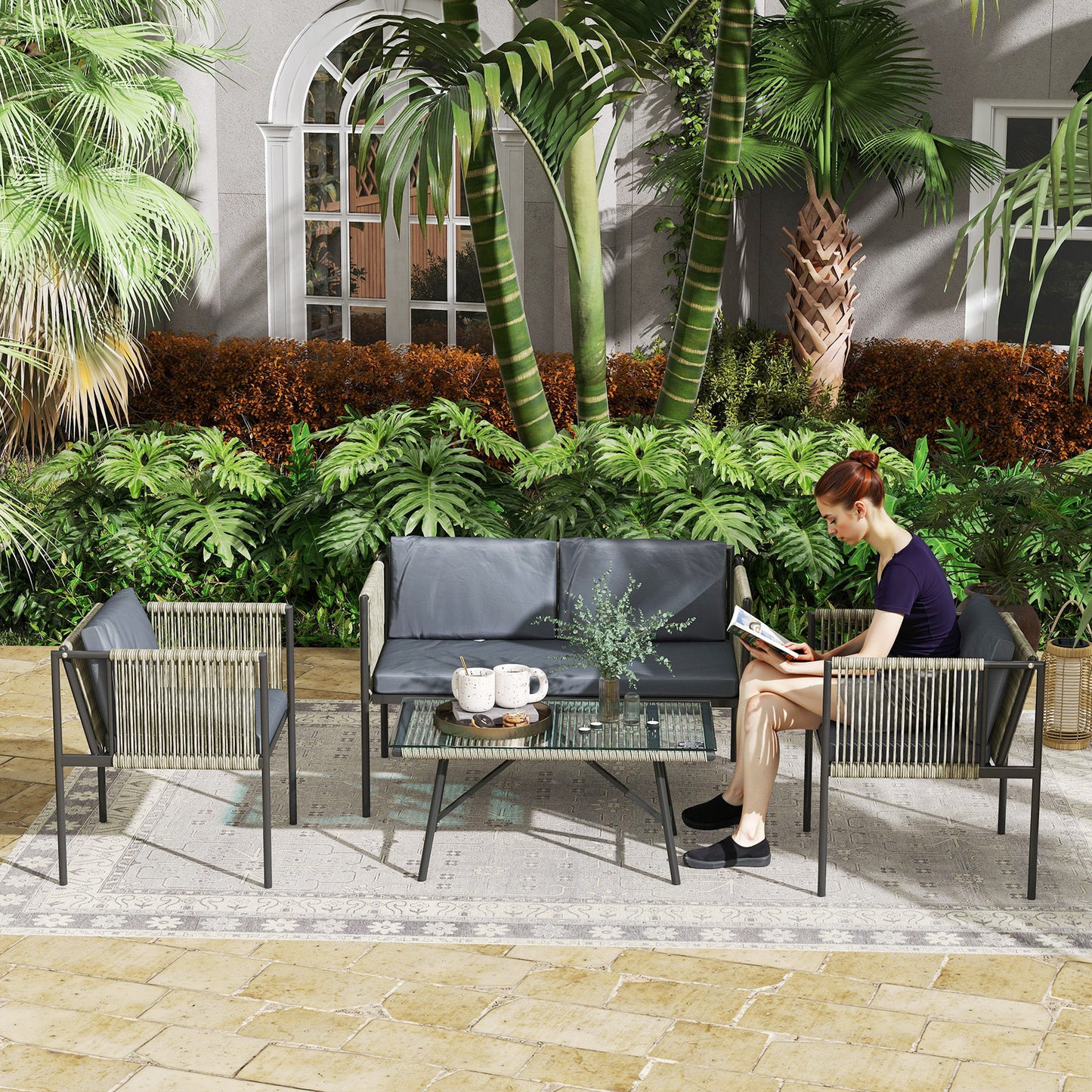 4 Seater Wicker Outdoor Furniture Set with Glass Coffee Table Grey