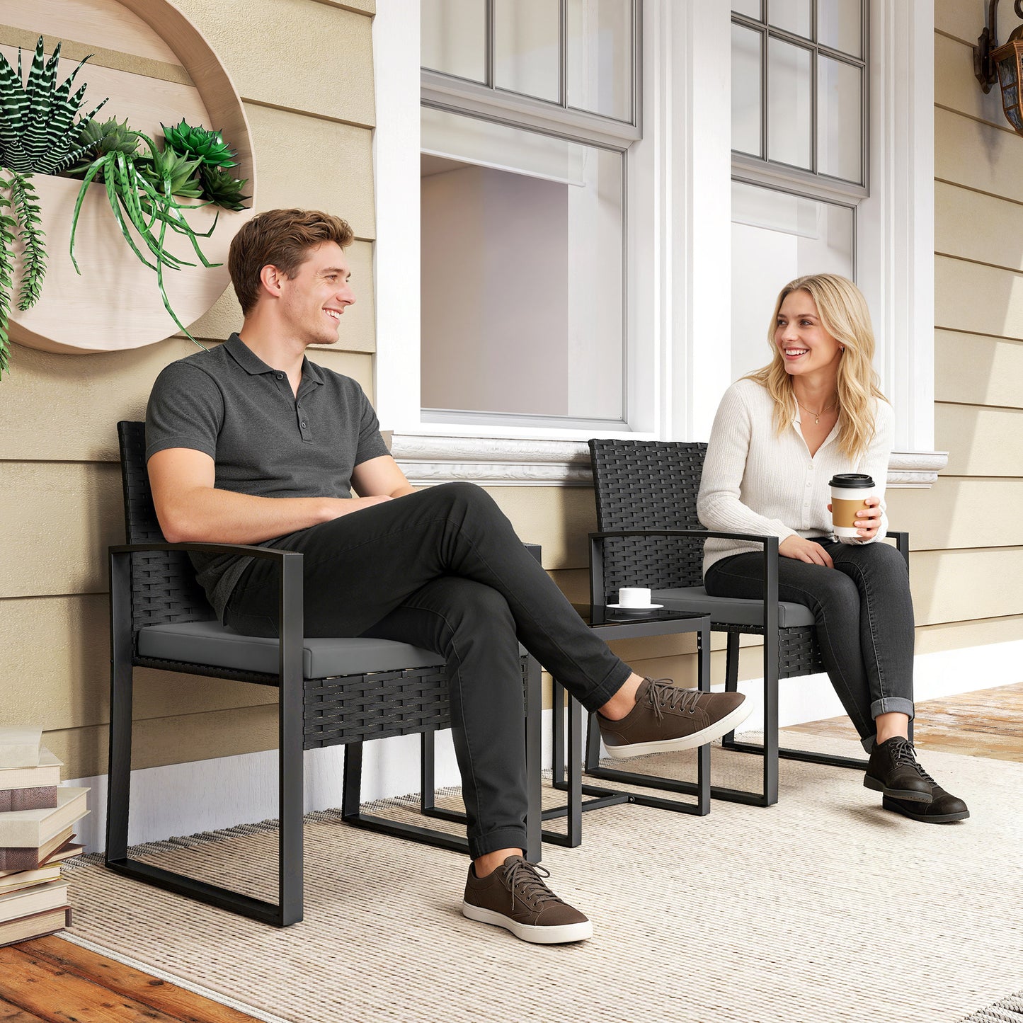 Rattan Bistro Set, 3 PCS Garden Furniture with Cushion, Dark Grey