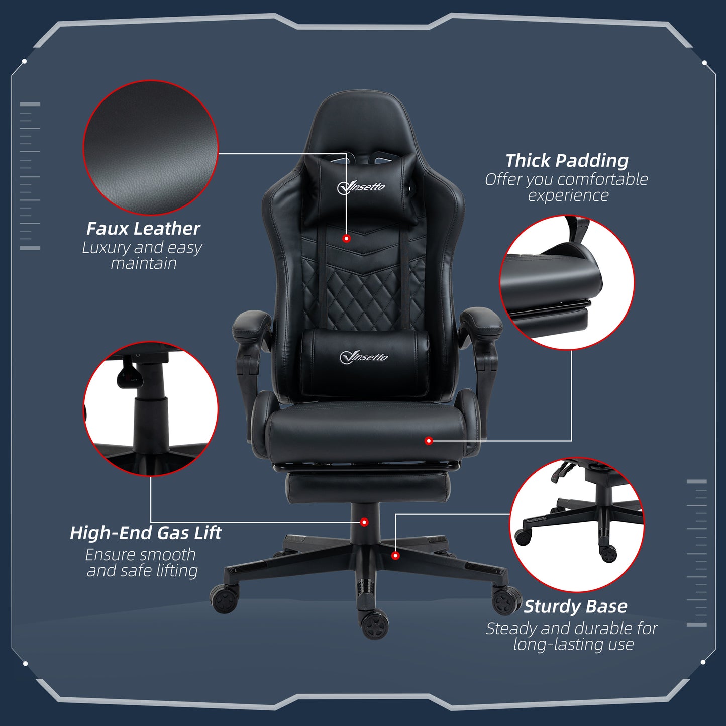 Racing Gaming Chair Faux Leather Gamer Recliner Home Office, Black