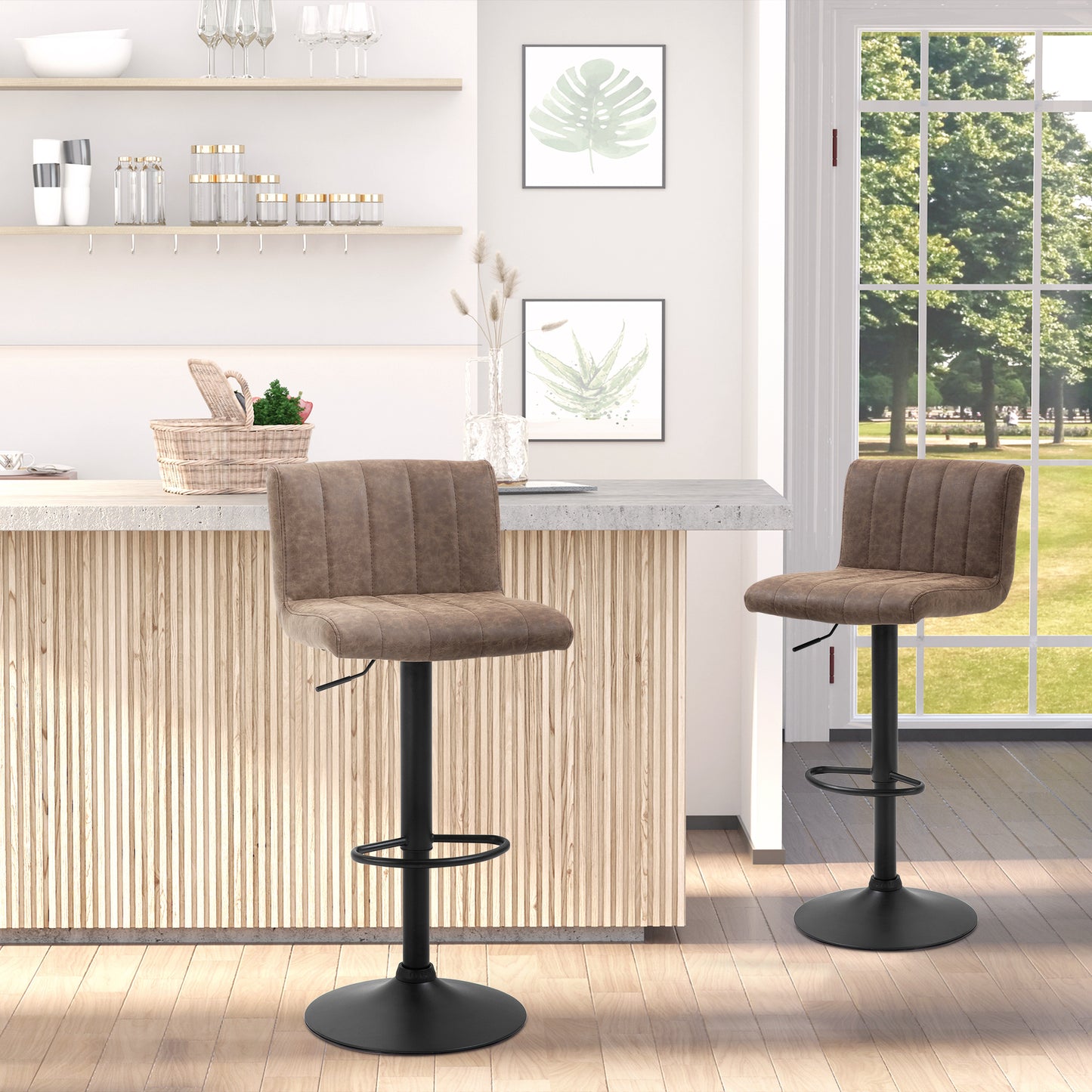 Barstools Set of 2 Adjustable Height Bar Chairs with Footrest, Brown