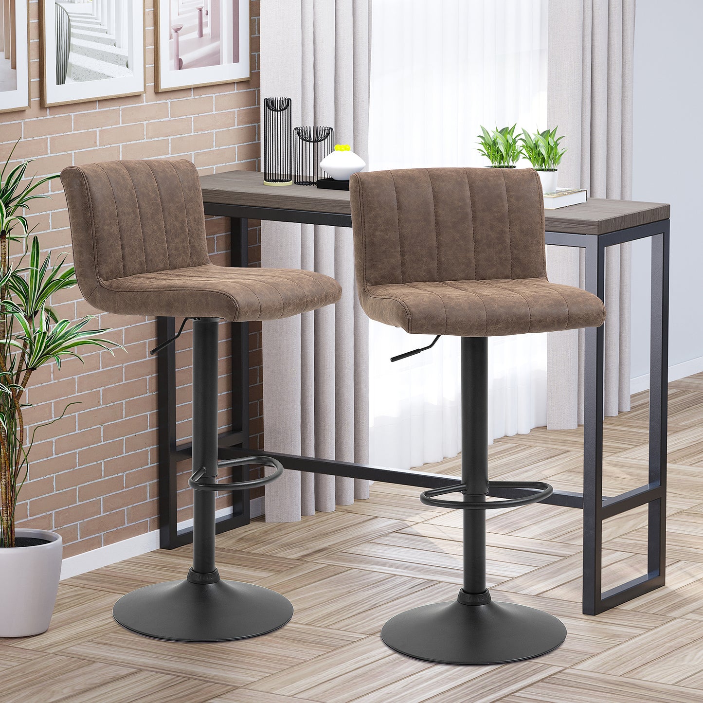 Barstools Set of 2 Adjustable Height Bar Chairs with Footrest, Brown