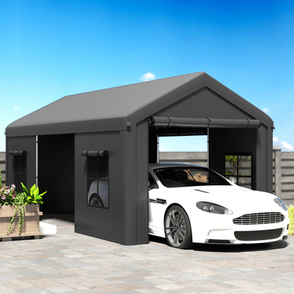 3 x 6 m Heavy Duty Carport, Portable Garage with 3 Doors, Dark Grey