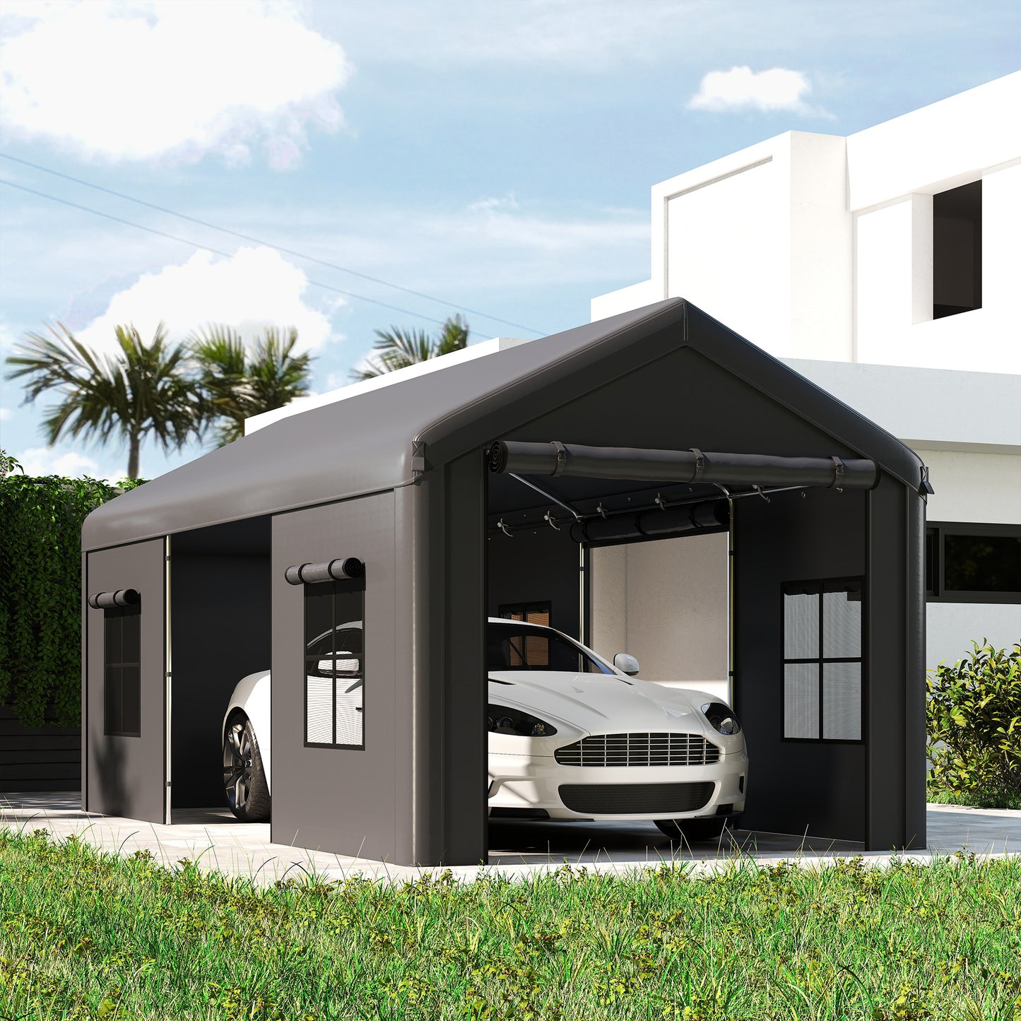 3 x 6 m Heavy Duty Carport, Portable Garage with 3 Doors, Dark Grey