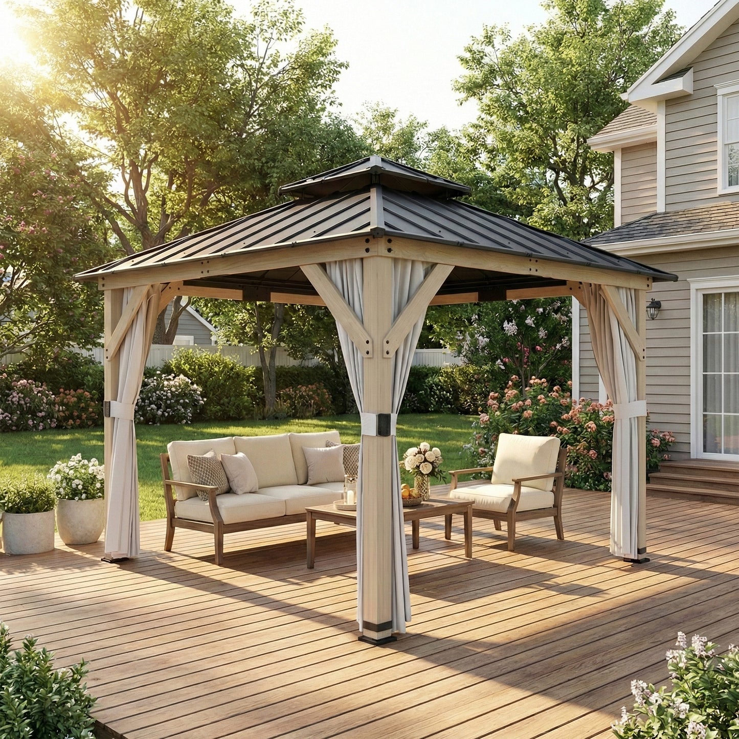 3 x 3 m Hardtop Gazebo, Double Roof Garden Gazebo, Light Grey