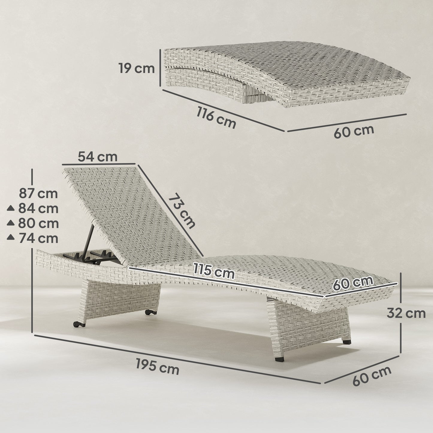 PE Rattan Sun Lounger with 4-Level Adjustable Backrest, Grey