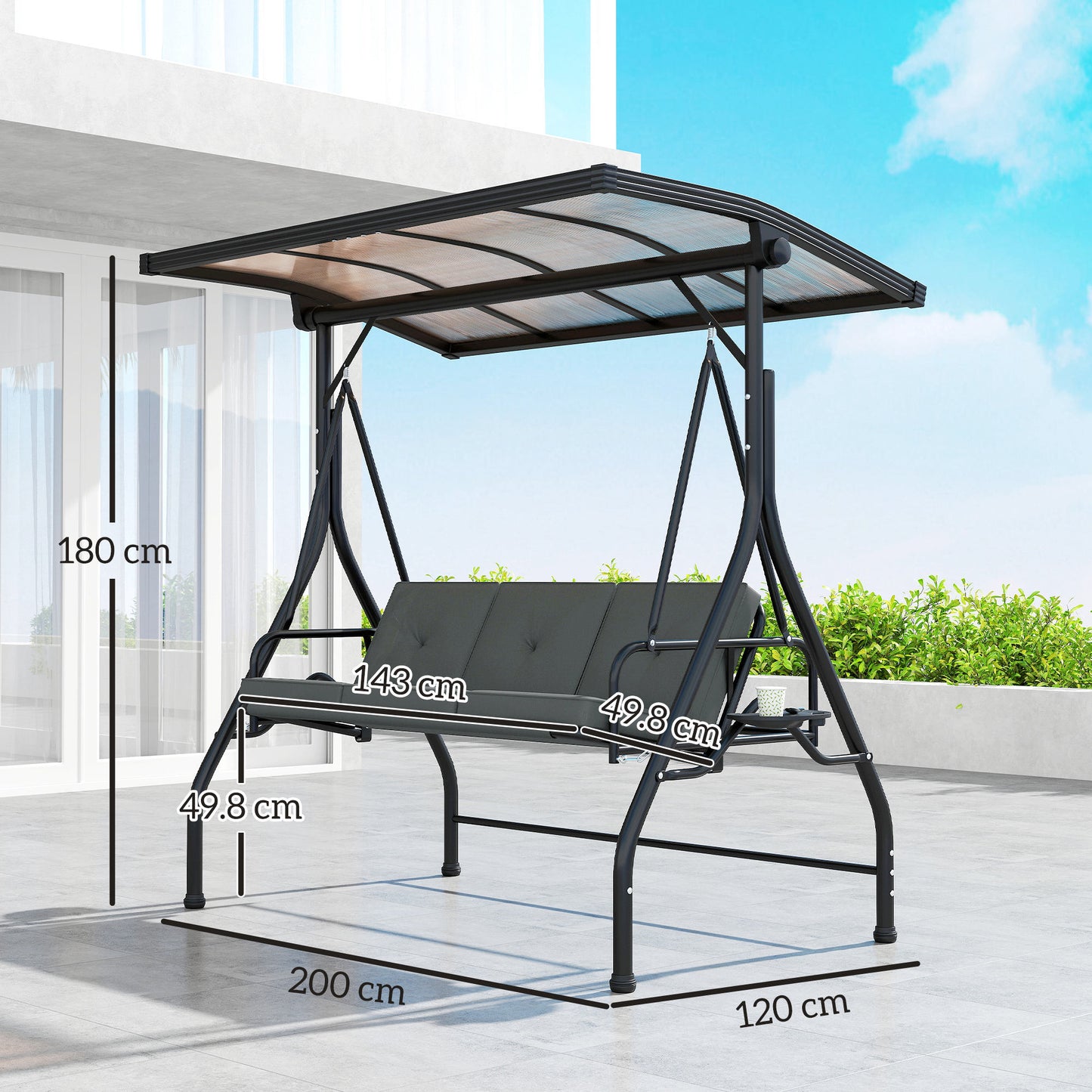3 Seater Garden Swing Seat Bed, Convertible Swing Chair, Dark Grey