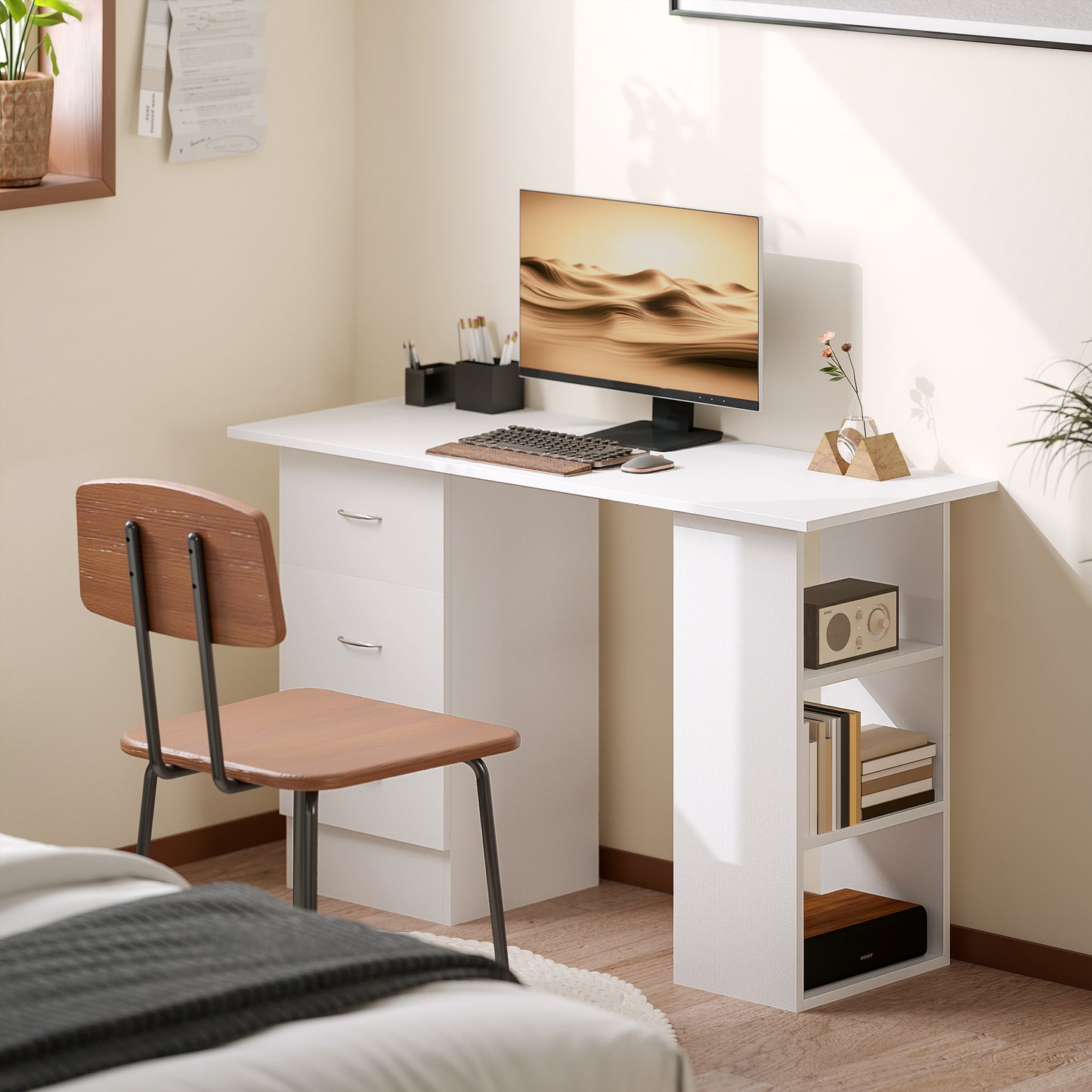 120cm Computer Desk PC Table Workstation w/ 3 Shelf & Drawers White
