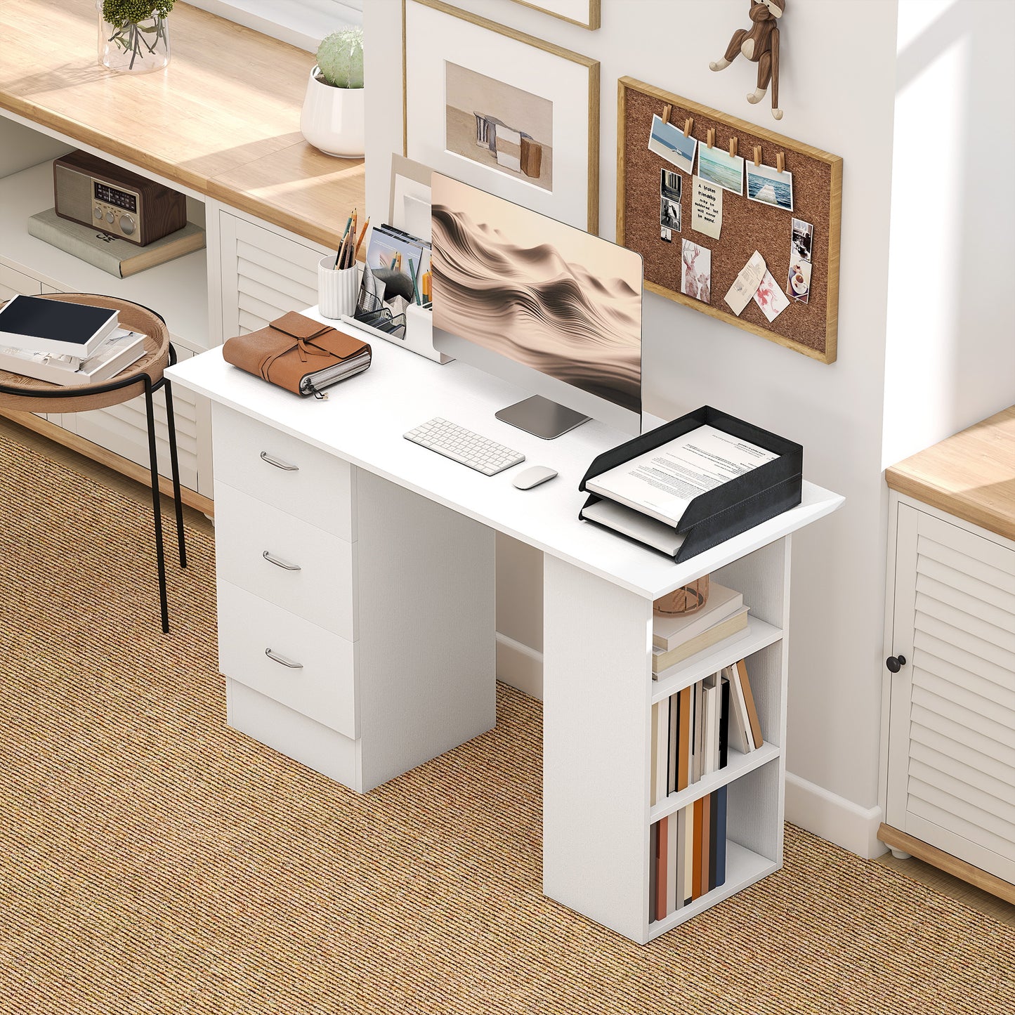120cm Computer Desk PC Table Workstation w/ 3 Shelf & Drawers White