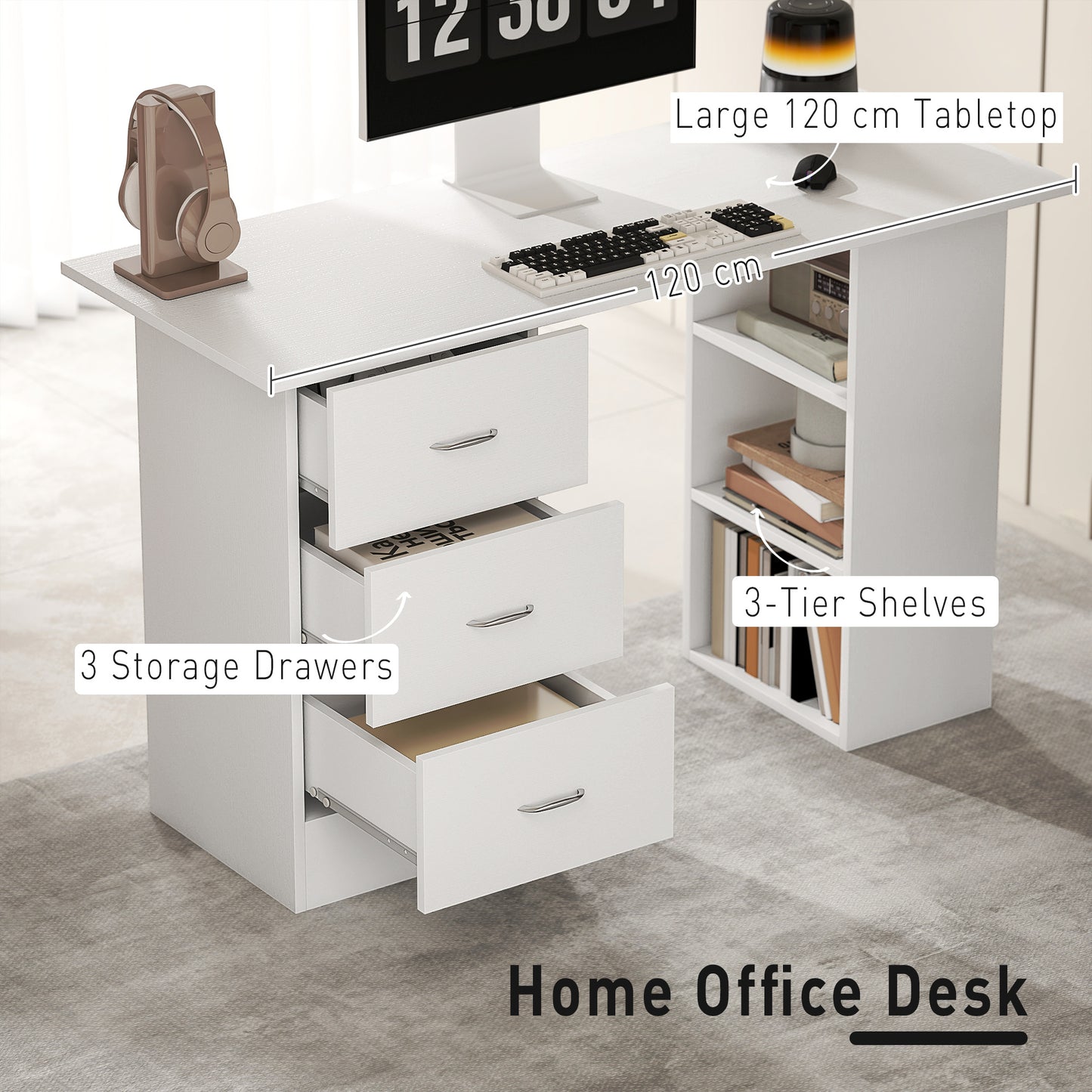 120cm Computer Desk PC Table Workstation w/ 3 Shelf & Drawers White