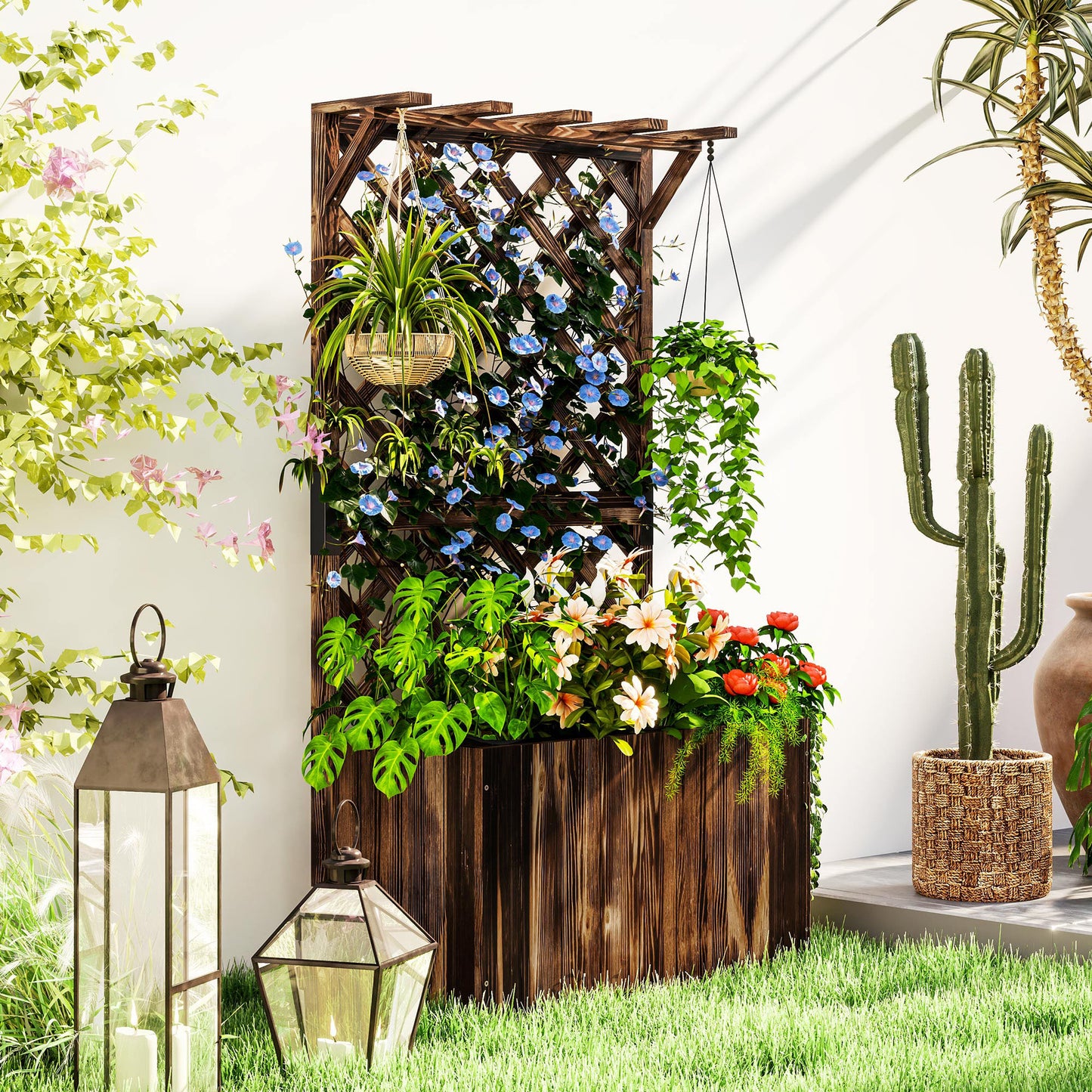 Wooden Planter with Trellis and Drainage Holes, Carbonised