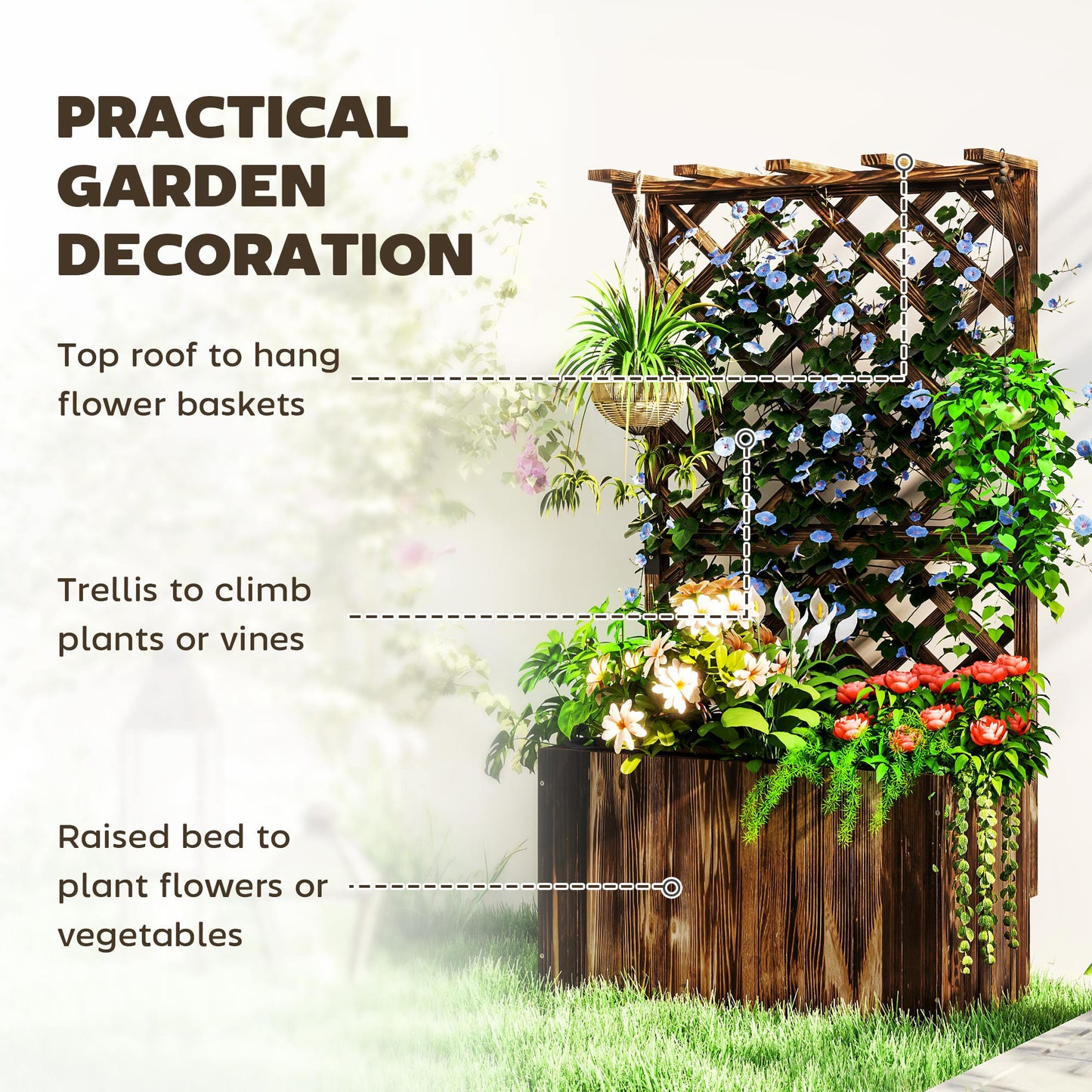 Wooden Planter with Trellis and Drainage Holes, Carbonised