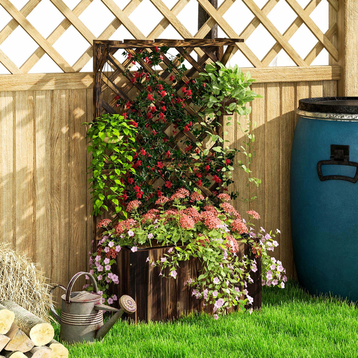 Wooden Planter with Trellis and Drainage Holes, Carbonised