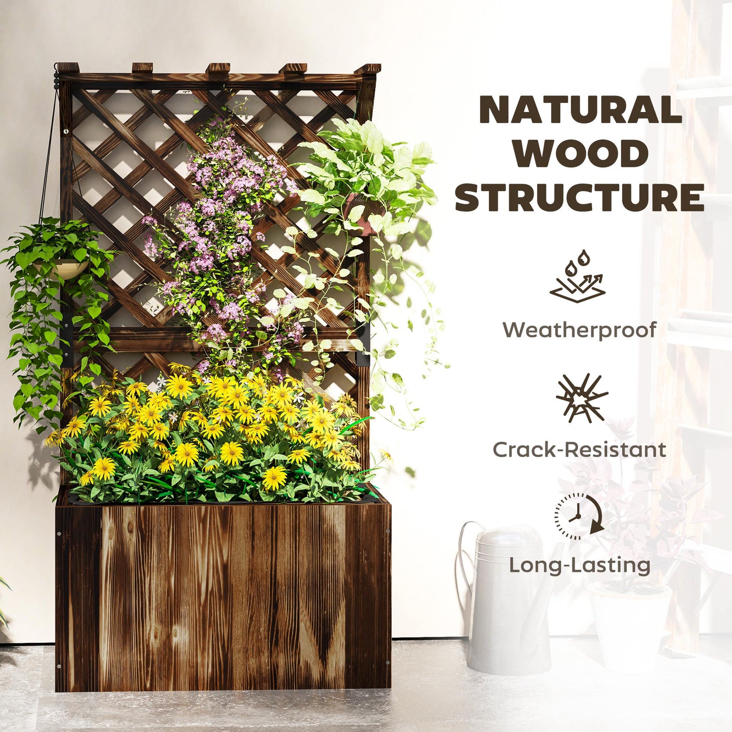 Wooden Planter with Trellis and Drainage Holes, Carbonised