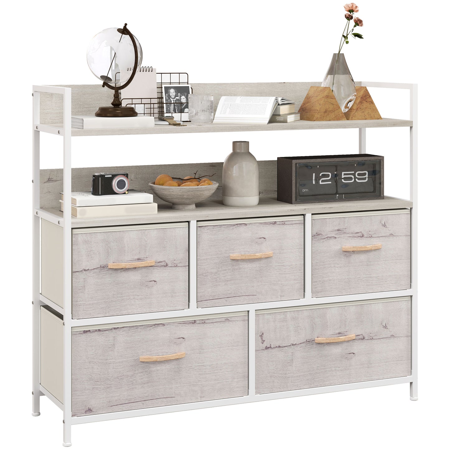 Bedroom Chest of Drawers 5 Drawer Dresser w/ Shelves, Natural