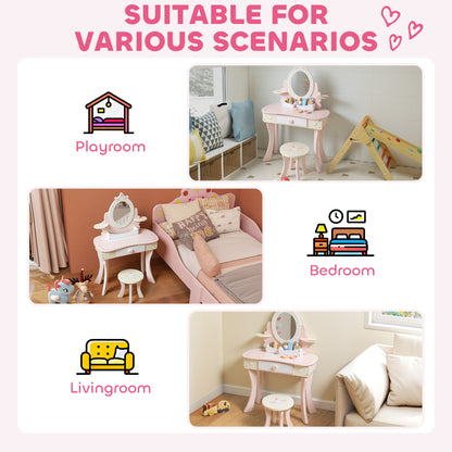 Kids Dressing Table, Girls Vanity Set w/ Stool, 7 Play Accessories