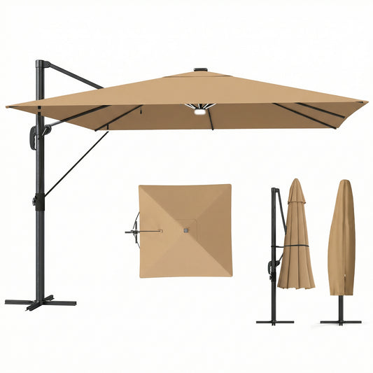 3 x 3 m Garden Cantilever Parasol w/ Light, Cover, Wind Protection