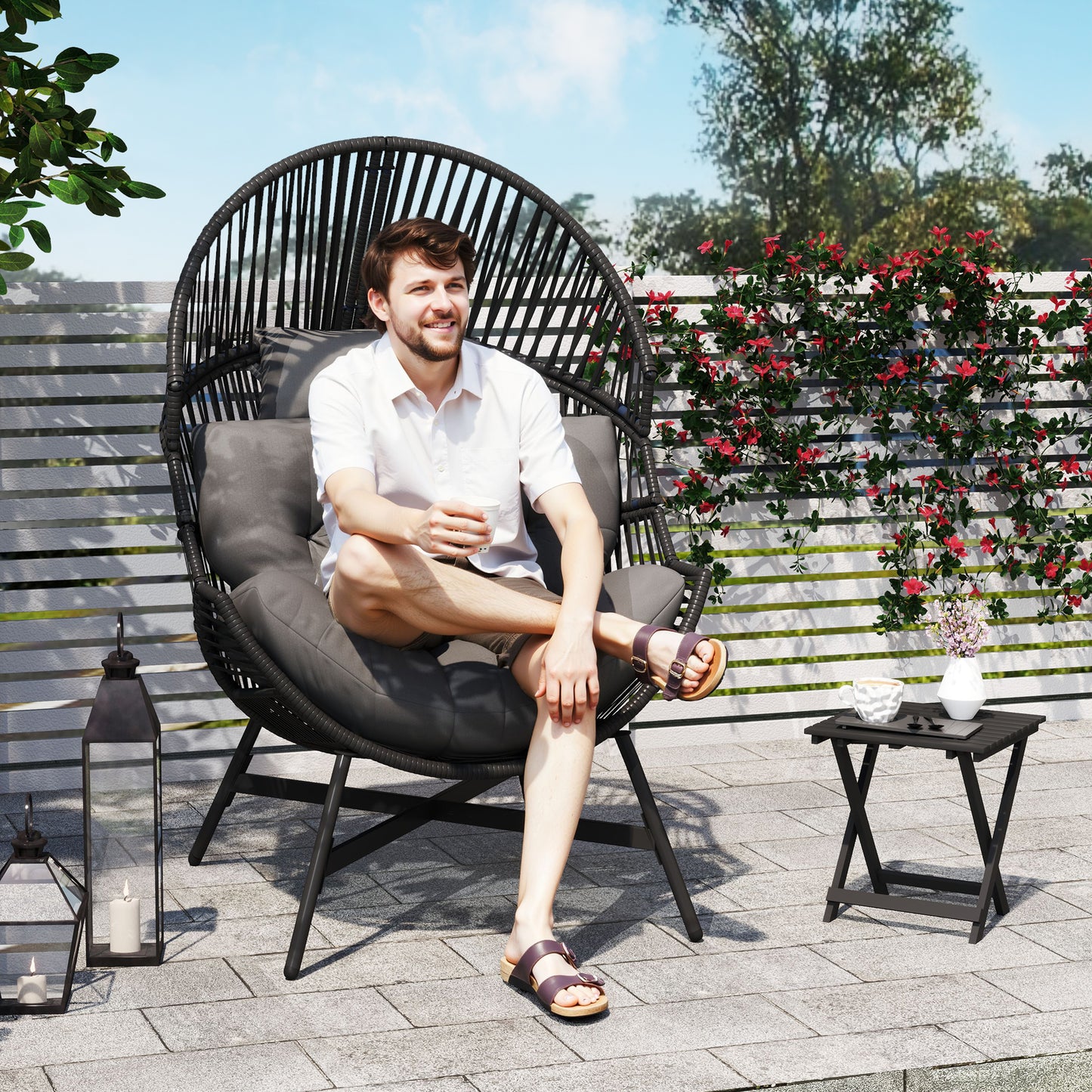 Standing Rattan Garden Egg Chair with Headrest, Charcoal Grey