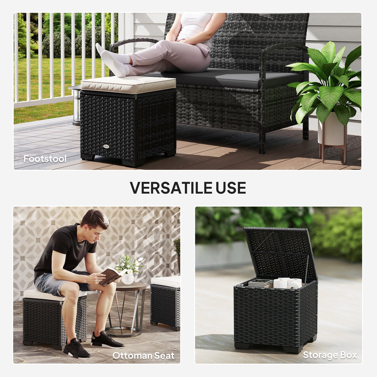 Set of 2 Rattan Footstool, Storage Ottoman w/ Cushions, Cream