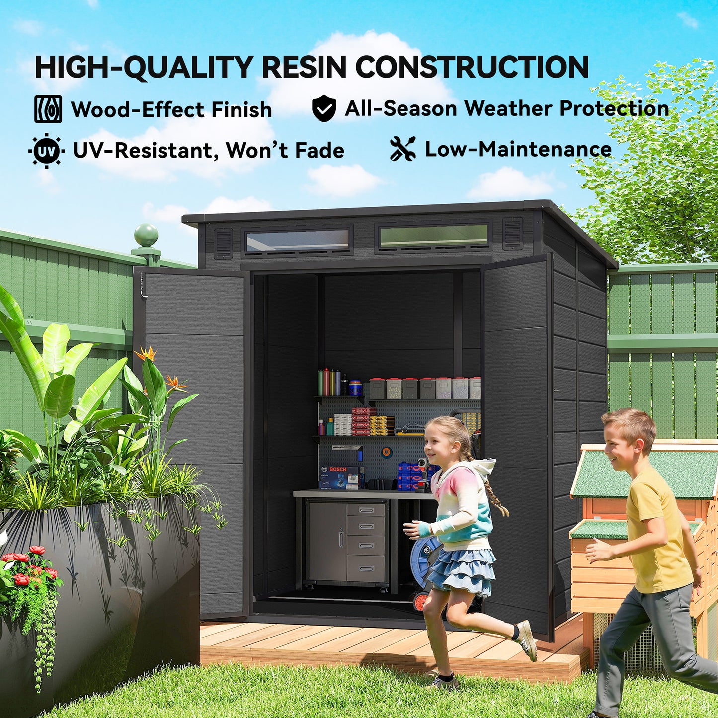6 x 6 ft Plastic Garden Shed with Floor, Lockable Doors, Dark Grey