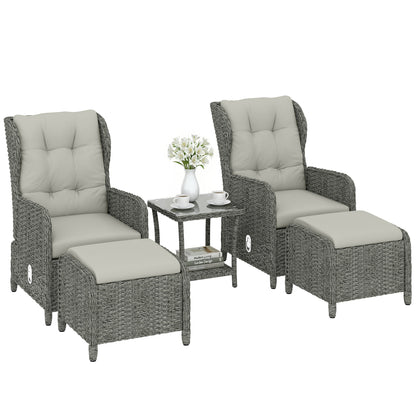 5 Piece Garden Furniture Set, Rattan Reclining Garden Chair Set of 2 with Footstool and Cushion  Cream