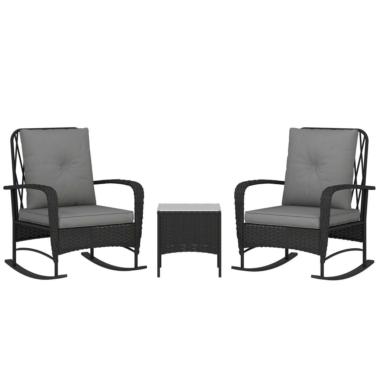 Rattan Bistro Set Balcony Furniture with Rocking Chairs, Black