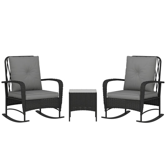 Rattan Bistro Set Balcony Furniture with Rocking Chairs, Black